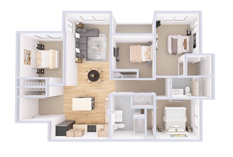 A white 3D floor plan of a small apartment with a kitchen, living room, and bathroom.